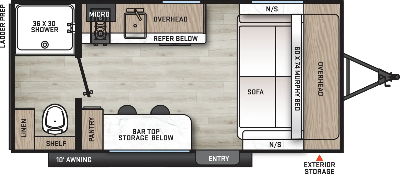 The 154RBX has zero slideouts and one entry. Exterior features front exterior storage, 10 foot awning, and rear ladder prep. Interior layout front to back: murphy bed sofa with overhead cabinet and nightstands on each side; off-door side kitchen counter with refrigerator below, overhead cabinet, sink, microwave, and cooktop; door side entry, bar top with stools and storage below, and pantry; rear bathroom with shower, toilet, shelf and linen closet only.